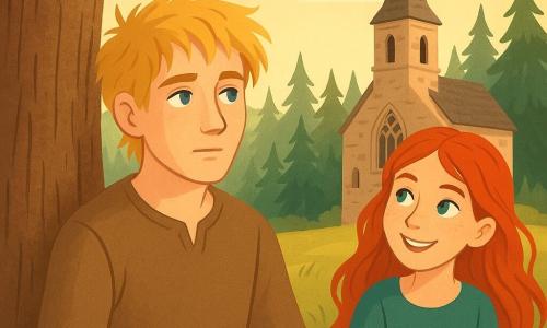 Een man genaamd Einar, met warrig blond haar en peinzende blauwe ogen, zit bij een oude en majestueuze kerk. Hij heeft een serene uitdrukking van contemplatie, zijn hand op de ruwe schors van de boom. Torhild, een 14-jarig meisje met stralend rood haar en ondeugende ogen, staat naast hem met een speelse glimlach, nieuwsgierig naar Einar kijkend. Op de achtergrond staat een dicht bos van groene sparren, verlicht door het gouden ochtendlicht dat door de takken filtert. De scène toont Einar die nadenkt over zijn plaats in de wereld, omringd door de noordelijke natuur, met een gevoel van vrede en verbondenheid met de aarde.