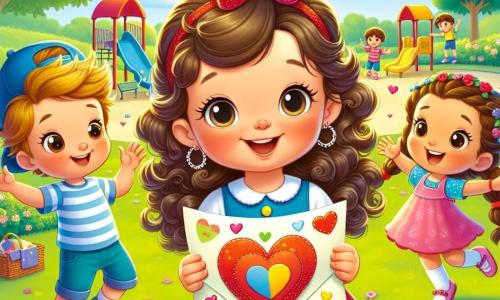 Una niña de 6 años, Clara, con cabello rizado y una diadema roja en forma de corazón, está de pie en el centro de la imagen, sonriendo y emocionada, sosteniendo una carta colorida en sus manos. A su derecha, su amigo Lucas, un niño de 6 años con cabello castaño y una gorra azul, mira la carta con curiosidad. A la izquierda, Sofía, otra niña de 6 años con trenzas y un vestido rosa, salta de alegría con los brazos en alto. El fondo es un parque soleado con un gran árbol verde, flores de colores en el césped y niños jugando a lo lejos. En primer plano, hay un tobogán colorido y columpios que añaden a la atmósfera alegre. Clara, Lucas y Sofía están preparando una sorpresa para su amigo Juan, quien llega listo para participar en una búsqueda del tesoro especial por el Día de San Valentín.