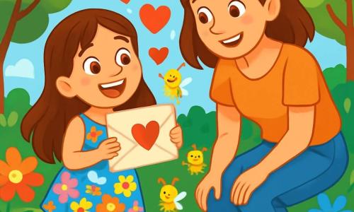 Una niña de 8 años, Lucía, con largos cabellos castaños y ojos brillantes de alegría, sonríe ampliamente mientras sostiene una carta mágica llena de corazones flotantes. Lleva un vestido colorido con estampados de flores y sandalias brillantes, y está en un jardín soleado. A su lado, su mamá, una mujer de unos 30 años con cabello castaño y una sonrisa cálida, mira la carta con ojos emocionados. Lleva una blusa ligera y pantalones de mezclilla, inclinándose ligeramente hacia Lucía, compartiendo este momento de ternura. El jardín está lleno de flores vibrantes, árboles con hojas verdes y Bichitos de la Alegría, pequeñas criaturas luminosas que bailan a su alrededor, añadiendo un toque de magia a la escena. La situación principal muestra a Lucía y su mamá celebrando el Día de las Madres, rodeadas de risas y corazones flotantes, creando una atmósfera alegre y cálida, llena de amor y felicidad compartida.