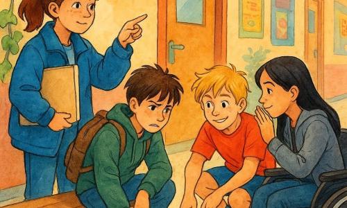 Hay cuatro niños: Aina, 12 años, castaña con coleta, rostro redondo y pecas, lleva una gran chaqueta azul y sostiene una carpeta; está a la izquierda, de pie, señalando el cartel de la puerta; Leo, 12 años, moreno despeinado, expresión tensa, sudadera verde y mochila gastada, sentado en un banco alcanzando un bolígrafo caído, mezcla de frustración y alivio; Dani, 12 años, rubio desordenado, calcetines diferentes (dinosaurios y pizza), camiseta roja, agachado junto a Leo devolviendo el bolígrafo con una sonrisa torpe; Nora, 12 años, cabello negro liso, en silla de ruedas deportiva y chaqueta gris, algo rezagada a la derecha susurrando un consejo. Lugar: pasillo escolar luminoso en tonos cálidos, suelo de terrazo beige, paredes con pósters y una enredadera pintada junto a una reja, puerta de aula con cartel "1ºB" y letreros difuminados al fondo. Situación: escena de inicio de curso: acaban de llegar y buscan su clase; Dani entrega el bolígrafo a Leo mientras Nora susurra un plan de tres pasos y Aina señala el cartel; luz matinal suave, estilo tinta coloreada con lavados y pinceladas, colores saturados y cálidos.