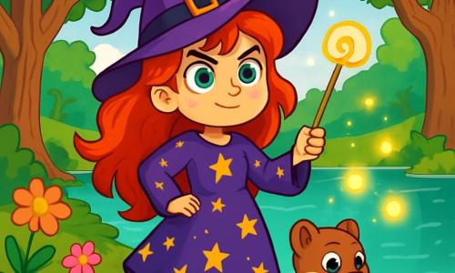 Elina, eine junge Hexe mit leuchtend roten Haaren und funkelnden grünen Augen, steht stolz am Ufer eines glitzernden Sees. Sie trägt ein lilafarbenes Kleid, das mit goldenen Sternen verziert ist, und ihr Gesicht drückt Entschlossenheit und Staunen aus. Neben ihr schaut Flix, ein kleiner zauberhafter Marder mit schelmischen Augen und weichem Fell, neugierig auf das klare Wasser, seine kleinen Pfoten auf dem grünen Boden. Im Hintergrund ist der See von großen, knorrigen Bäumen umgeben, deren Blätter in der Sonne glänzen, und bunte Blumen tanzen im Rhythmus des Windes. Magische Lichter schweben über dem Wasser und schaffen eine märchenhafte Atmosphäre. Die Szene zeigt Elina, die bereit ist, die Herausforderung des Sees der Träume anzunehmen, wo sie ihren Mut und ihr reines Herz beweisen muss, um die Magie des Königreichs zu retten.