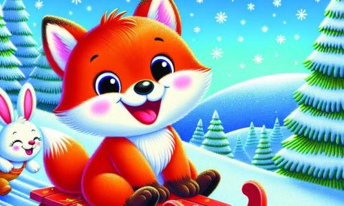 Ein kleiner roter Fuchs namens Felix, mit glänzendem Fell und einem fröhlichen Lächeln, sitzt auf einem roten Schlitten oben auf einem verschneiten Hügel, seine Augen funkeln vor Aufregung. Neben ihm schieben zwei kleine, weiße Kaninchen, Hoppel und Mimmi, den Schlitten, ihre langen, aufrechten Ohren stehen enthusiastisch auf, während sie lachen und sich anfeuern. Die Landschaft ist ein wunderschöner Winter, mit einem strahlend blauen Himmel, sanft fallenden, glitzernden Schneeflocken und schneebedeckten Tannen, die den Hügel säumen. Felix und seine Freunde sind bereit, den Hang hinunterzufahren und freuen sich darauf, gemeinsam unvergessliche Abenteuer im Schnee zu erleben.