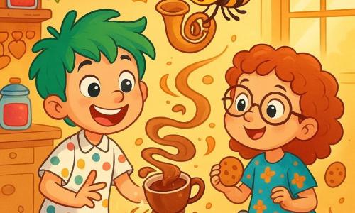 Zubù, un ragazzino dai capelli verdi brillanti come l'erba fresca, è seduto a un tavolo di legno, con gli occhi scintillanti di malizia e un grande sorriso sul viso. Indossa una camicia a pois colorati e pantaloni a righe, mentre una tazza di cioccolata calda gira intorno a lui come un piccolo tornado. Accanto a lui, Lilla, una bambina dai capelli ricci e occhiali tondi, guarda con meraviglia, le guance arrossate dall'eccitazione. Indossa un vestito a fiori e tiene un biscotto che sembra fluttuare nell'aria. Sullo sfondo, Ronzio, un'ape con un tubo e occhiali da sole, vola gioiosamente, mentre Piumino, un piccolo topo magico con un mantello scintillante, si trova sul tavolo, ridendo a crepapelle. La scena si svolge in una cucina colorata, piena di barattoli di marmellata brillanti, biscotti che danzano e ghirlande di fiori appese ai muri. La luce del mattino filtra attraverso una finestra, illuminando la stanza con una dolce luce dorata. Zubù cerca di controllare la magia del suo spuntino, mentre i biscotti e il cioccolato volano gioiosamente intorno a lui, creando uno spettacolo esilarante e incantato.