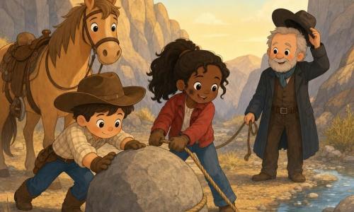 Jack, a young cowboy with a round face, bright eyes and an oversized brown hat, pushes a large boulder; Sarah, about 14 with a brown ponytail, soot on her cheek and a red jacket, pulls a rope tied to the rock beside him; Mr. Harris, an elderly man with a short gray beard, stands by a small stream holding his horse's reins and watching gratefully; Dusty, a light brown horse with a messy mane, stands behind Jack, impatient but calm; setting: a narrow rocky pass with a dusty trail, tufts of yellow grass and golden early-evening light; scene: a warm, cooperative moment as Jack and Sarah move the boulder to clear the path, dust flying, strained muscles and reassuring smiles.