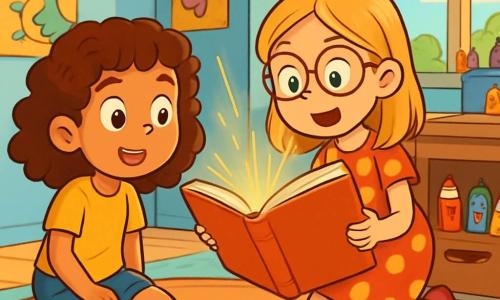 Ci sono 2 personaggi principali: Giulia, una ragazza di 10 anni con capelli ricci castani e occhi scintillanti, che indossa una maglietta gialla e un pantaloncino di jeans, seduta per terra circondata da libri con un'espressione curiosa; e Marta, una ragazza di 10 anni con capelli lisci biondi e occhiali rotondi, che indossa un vestito a pois rossi e calze a righe, accovacciata accanto a Giulia con un grande libro aperto, gli occhi spalancati per lo stupore. La scena si svolge in una camera per bambini luminosa, con pareti dipinte di azzurro, poster colorati di cartoni animati e un tappeto morbido sul pavimento. Una finestra lascia entrare la luce del giorno, illuminando una scrivania in legno piena di materiale scolastico e giocattoli sparsi. La situazione principale mostra Giulia e Marta che scoprono un misterioso cassetto che brontola, pieno di matite colorate e gomme viventi, mentre si guardano con sorpresa ed eccitazione, pronte a tuffarsi in un'avventura fantastica, mentre un grande libro aperto sulla scrivania emette scintille di magia.