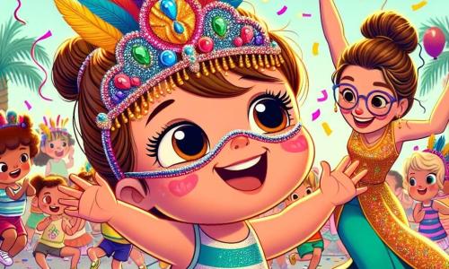 Uma garotinha de 2 anos, Luna, com grandes olhos brilhantes e bochechas rosadas, usa um chapéu colorido adornado com penas e brilhos. Ela dança alegremente, com os braços levantados e um grande sorriso iluminando seu rosto. Ao lado dela, uma professora sorridente, com cerca de 30 anos e cabelos castanhos presos em um coque, veste uma fantasia de carnaval colorida e incentiva Luna a dançar. O cenário é um pátio escolar festivo, cheio de balões coloridos, guirlandas cintilantes e confetes flutuando no ar. Crianças riem e dançam ao redor, criando uma atmosfera alegre e animada. A cena principal mostra Luna, cheia de energia e felicidade, dançando entusiasticamente no meio de seus amigos, procurando sua mãe enquanto se diverte neste carnaval vibrante.