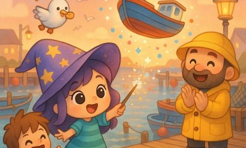 A bruxinha Malu, menina pequena e alegre, rosto redondo e olhos brilhantes, usa um grande chapéu pontudo roxo com estrelas, um vestido listrado azul-esverdeado e segura uma varinha que lança confetes cintilantes; ela sorri maliciosamente e faz um gesto mágico para um barco. Um pescador de cerca de 40 anos, barbudo, com casaco cirê amarelo, está no cais à direita aplaudindo surpreso e feliz. Um menino de 6 anos, cabelo bagunçado, camiseta vermelha, está sentado numa caixa no cais à esquerda apontando o barco e rindo maravilhado. Três gaivotas brancas e rechonchudas voam acima, cada uma segurando um biscoito. Numa marina colorida ao pôr do sol, com cais de madeira gasto, barcos azuis, vermelhos e amarelos, boias e redes, um pequeno barco-vassoura flutua e gira suavemente no ar sobre a água rodeado de confetes enquanto Malu concentra sua magia para pousá-lo, num ambiente terno, lúdico e luminoso.