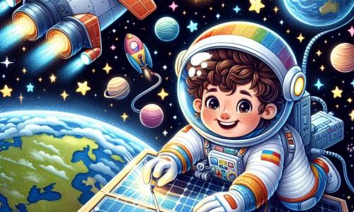 Een mannelijke astronaut, Max, zweeft in de ruimte, gekleed in een witte ruimtepak met kleurrijke details, met een grote glimlach die vreugde en opwinding uitdrukt. Zijn bruine haar is zichtbaar onder zijn doorzichtige helm, en hij is bezig met het repareren van een zonnepaneel dat glinstert in het zonlicht. Dichtbij kijkt een klein meisje van ongeveer 8 jaar met krullend blond haar naar Max met verwonderde ogen. Ze draagt een roze ruimtepak en staat in de cabine van de shuttle, terwijl ze de ruimte door een raam observeert. De achtergrond is een sterrenhemel met kleurrijke planeten en fonkelende sterren, terwijl de aarde majestueus en blauw onderaan verschijnt. De ruimteshuttle bevindt zich in een baan, omringd door de uitgestrektheid van het universum. De belangrijkste situatie toont Max die het zonnepaneel repareert, terwijl het meisje hem vanuit de shuttle aanmoedigt, wat een sfeer van avontuur en ontdekking in de uitgestrektheid van de ruimte creëert.