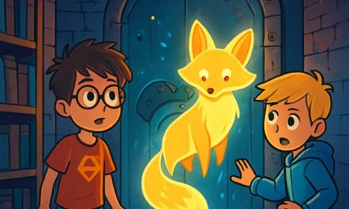 Há 2 personagens principais: Lucas, um garoto de 10 anos com cabelos castanhos bagunçados e óculos redondos, vestindo uma camiseta vermelha com um logo de super-herói e um short de jeans, está à esquerda, olhando com curiosidade para a porta misteriosa; e Rafael, também de 10 anos, com cabelos loiros e sardas no rosto, vestindo um moletom azul e calças pretas, está à direita, um pouco à frente, pronto para empurrar a porta com um ar determinado. A cena se passa em um velho corredor escuro, com paredes de tijolos desgastados e prateleiras cheias de livros empoeirados. Uma porta de ferro enferrujada se ergue ao fundo, cercada por uma luz azulada que ilumina o chão com símbolos misteriosos. Teias de aranha pendem dos cantos, e o ar está carregado de um perfume de aventura e magia. A situação principal da história mostra Lucas e Rafael descobrindo a porta mágica que leva à Cidade Oculta, com a raposa luminosa aparecendo diante deles, iluminando o corredor com sua luz brilhante. Os dois garotos, fascinados e um pouco assustados, estão prontos para entrar em um mundo cheio de criaturas fantásticas e mistérios a serem resolvidos.