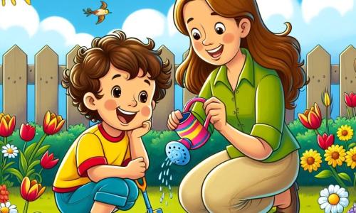 Un niño de 4 años, llamado Pablo, con cabello castaño y rizado, sonríe mientras está agachado en un jardín soleado, sosteniendo una pequeña pala de colores. Lleva una camiseta amarilla brillante y un pantalón corto azul, y parece muy emocionado, con los ojos brillando de alegría mientras planta semillas de flores en la tierra. A su lado, su mamá, una mujer de unos 30 años con cabello largo y castaño, vestida con una blusa verde y pantalones beige, lo observa con una sonrisa tierna. Ella le muestra cómo regar las semillas con una pequeña regadera rosa. El jardín está lleno de flores coloridas, y en el fondo hay un cielo azul claro con algunas nubes blancas, mientras los pájaros cantan en los árboles. La escena muestra a Pablo y su mamá plantando flores juntos, compartiendo un momento de complicidad y felicidad en la belleza de la primavera.