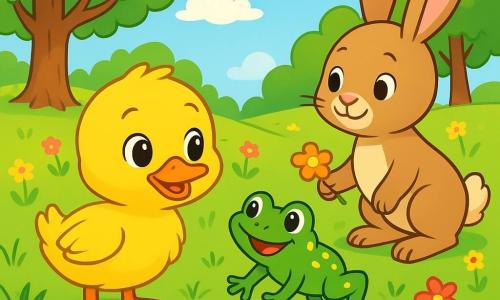 Ein kleiner, lebhaft gelber Erpel namens Quell steht am Ufer eines Baches, seine leuchtenden Augen voller Hoffnung und Aufregung. Sein weiches, flauschiges Gefieder und seine neugierigen Blicke um ihn herum sind auffällig. Neben ihm hüpft ein zappeliges kleines grünes Fröschlein mit gelben Flecken fröhlich auf einem Stein, seine Augen funkeln vor Schalk. Ein wenig weiter nähert sich eine elegante Häsin mit großen Ohren und hellbraunem Fell, die freundlich lächelt und eine kleine Blume in ihrer Pfote hält. Die Szenerie zeigt eine wunderschöne Frühlingslandschaft mit leuchtend grünen Blättern an den Bäumen, bunten Blumen, die im Wind tanzen, und einem blauen Himmel, der mit flauschigen weißen Wolken gesprenkelt ist. Im Mittelpunkt steht Quell, der mit seinen neuen Freunden spricht, die alle den Wunsch teilen, einen sicheren und warmen Ort zum gemeinsamen Leben zu finden.