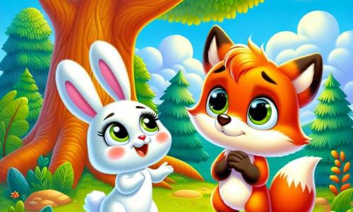 A small orange fox named Felix, with big round eyes and shiny fur, stands under a large green tree, displaying an expression of curiosity mixed with apprehension. His fluffy tail is slightly raised, indicating he is both anxious and ready to explore. Next to him, a small white rabbit named Ruby, with large upright ears and an encouraging smile, happily hops around. She has rosy cheeks and sparkling eyes, standing close to Felix, offering her support. The setting is a sunny forest, with majestic trees boasting vibrant leaves, colorful flowers scattered on the ground, and a clear blue sky dotted with fluffy white clouds. The main scene shows Felix taking a deep breath with his eyes closed, while Ruby encourages him to overcome his fear of the friendly approaching dog.