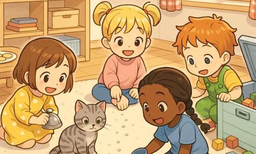There are five characters: four children—Mia, 5, short brown hair, yellow polka-dot dress, crouched left of the rug holding a small shiny metal bell; Lola, 4, blonde pigtails, pink sweater, seated center of the rug smiling and pointing at crumbs; Nia, 5, dark-skinned, black braid, blue t‑shirt, right of the rug leaning forward with a blue cup; Zuzu, boy, 5, red hair, in a small rolling chair wearing green overalls, rolled toward the toy chest with his hand on its lid—and one animal, Pudding, a small grey tabby cat with round green eyes, behind the toy chest looking forward with a small crumb on its paw. The bright warm playroom has a cream polka-dot round rug, light wood coffee table with a white plate holding five crackers, an open blue-painted pine toy chest with colorful blocks spilling out, low shelves and a window with red-check curtains letting in soft light. The children are investigating a missing cracker, following a trail of small white crumbs from the rug to the toy chest, looking curious and smiling.