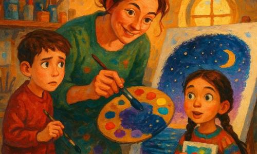 A woman artist in her forties with chestnut hair in a messy bun, a gentle concentrated smiling face and bright eyes holds a paint-stained palette and brush, leaning over a large canvas turning a purple blot into a starry night sky; to her left Leo (about 11), short brown hair, worried-curious, holds a small brush and watches from a stool, and to her right Mina (about 10) with braids and a colorful sweater, eyes wide, clutches her own small painting, ready to join in; the attic studio has sloped ceilings, a round window with golden evening light, wooden shelves of brushes and squeezed paint tubes, splattered wooden floors and a hanging lamp casting a warm halo; the lesson focuses on color mixing—blue, red and yellow on the palette, watercolor drops becoming greens and purples—and the canvas shows thick acrylic textures, strong dark contrasts and bright highlights over a shimmering sea beneath the starry sky.