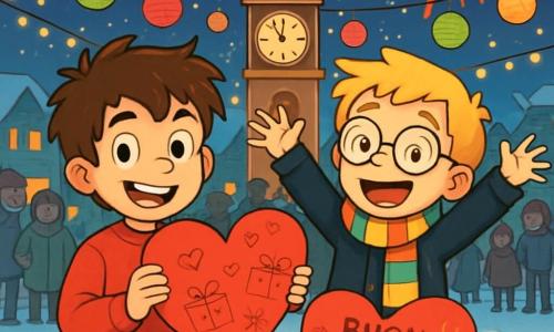 Ci sono 2 personaggi principali: Marco, un ragazzo di 10 anni con capelli castani disordinati e occhi vivaci, indossa un maglione rosso vivo e jeans blu, ed è in piedi a sinistra con un grande cuore di carta rossa, sorridendo con orgoglio. Luca, un ragazzo di 10 anni con capelli biondi e occhiali rotondi, indossa una sciarpa colorata e un cappotto nero, si trova a destra di Marco, con le braccia alzate in segno di gioia, pronto a festeggiare il nuovo anno. La scena si svolge in una piazza di villaggio incantevole, illuminata da luci scintillanti, con lanterne colorate nell'aria e un grande orologio di legno al centro che segna l'avvicinarsi della mezzanotte. La neve copre il suolo, creando un tappeto bianco, mentre famiglie e amici si radunano attorno a un grande cuore di carta decorato con disegni e messaggi di auguri. Marco e Luca, circondati da risate ed eccitazione, tengono il loro cuore gigante al centro della piazza, mentre i fuochi d'artificio esplodono nel cielo notturno, illuminando i loro volti felici e pieni di attesa per il nuovo anno.