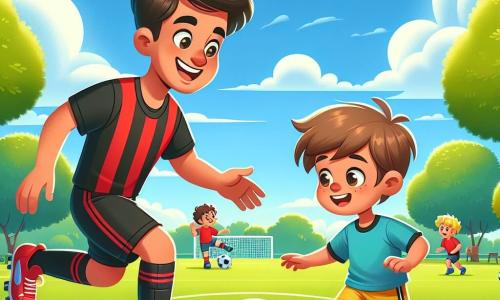 Um jovem, João, está no centro da imagem, sorrindo com olhos brilhantes de alegria. Ele usa uma camisa de futebol vermelha e preta, com um short combinado, e tênis brilhantes. Ele está mostrando a um garoto, Pedro, como chutar bem uma bola de futebol. Pedro, um menino de cerca de 8 anos, tem cabelos castanhos bagunçados e veste uma camiseta azul e um short amarelo. Ele está concentrado, com os olhos fixos na bola, pronto para chutar. O cenário é um lindo parque verde, com um céu azul claro e nuvens brancas fofas. Árvores majestosas cercam o campo, e outras crianças brincam ao longe, rindo e se divertindo. A cena principal mostra João passando a bola para Pedro, que se prepara para chutar, simbolizando a amizade e o aprendizado no futebol.