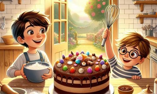 Em uma cozinha acolhedora e ensolarada, Miguel, um garoto de nove anos com cabelos castanhos e olhos brilhantes, está à esquerda, sorrindo entusiasticamente enquanto segura uma grande tigela de massa de bolo. À sua direita, seu amigo Pedro, um garoto de nove anos com cabelos loiros e óculos redondos, observa com os olhos arregalados, segurando um batedor em uma mão e uma colher de madeira na outra. No centro, uma mesa de madeira rústica está coberta de farinha espalhada e decorações coloridas, com um grande bolo de chocolate decorado com doces e brilhos. Ao fundo, uma janela aberta deixa entrar a luz do sol, iluminando vasos de flores coloridas no parapeito. A cena mostra os dois garotos preparando uma surpresa para o Dia das Mães, cheios de alegria e empolgação, criando um momento mágico de cumplicidade e criatividade.