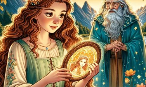 Elara, een jong meisje van ongeveer 12 jaar, staat in het midden van het podium, met lange golvende kastanjebruine haren, verlicht door het gouden zonlicht. Ze draagt een lichtgroene linnen jurk, versierd met geborduurde bloemen, en haar gezicht toont zowel vastberadenheid als nieuwsgierigheid. Ze houdt een oude glanzende spiegel in haar handen en kijkt verwonderd naar de reflectie van een magisch koninkrijk. Naast haar staat Eldric, een oude tovenaar met een lange grijze baard en sprankelende ogen vol wijsheid, die de scène met een vriendelijke glimlach observeert. Hij is gekleed in een blauwe jurk versierd met sterren en staat iets op de achtergrond, klaar om Elara te begeleiden in haar zoektocht. De omgeving bevindt zich in een betoverde vallei, omringd door majestueuze bergen, waar bomen met glinsterende bladeren dansen in de wind. Kleurrijke bloemen met vreemde vormen stralen een zachte licht uit, wat een feeërieke sfeer creëert. De hoofdscene toont Elara die de magische spiegel ontdekt, terwijl ze zich voorbereidt om het verborgen koninkrijk binnen te gaan, met Eldric naast haar, klaar om haar aan te moedigen in dit buitengewone avontuur.