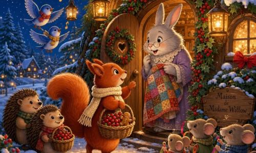 Hazel, a small red squirrel with soft fur and a bushy tail, cheerful and determined in a chunky cream wool scarf, holds a basket of red berries and tiny gingerbreads as she gently knocks on a cottage door; Madame Willow, an elderly silver-gray rabbit with gentle eyes, stands moved in the lit doorway holding a patchwork blanket while friends gather: two blue birds singing near lanterns, two hedgehogs with a berry basket smiling shyly to the left, and mice holding colorful ribbons to the right, all facing the door; the wooden cottage sits beneath a large snow-topped fir on a glittering snowy path, hung lanterns and holly garlands, warm golden light spilling from the windows under a clear moonlit sky; the scene is an intimate, luminous Christmas tableau with animals leaving gifts on the threshold, flickering lanterns casting dancing shadows on the snow, cozy, magical and kind, rendered in vivid contrasting colors, soft clear shapes and crisp lines, composition centered on the cottage door.