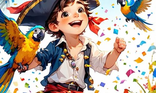 Un ragazzo di 7 anni, Francesco, con capelli castani arruffati e occhi scintillanti di gioia, indossa un costume da pirata colorato con una grande bandana rossa. Danza con entusiasmo, lanciando coriandoli in aria, il suo sorriso radioso di felicità. Accanto a lui, un pappagallo colorato di nome Pino, con piume azzurre, verdi e gialle, vola allegramente intorno a lui, aggiungendo un tocco magico alla scena. Sullo sfondo, un gruppo di bambini, tra cui una ragazza di 8 anni con due codini e un costume da clown, applaude a ritmo di musica, creando un'atmosfera festosa. Il luogo è una piazza animata, decorata con festoni multicolori e palloncini volanti, dove i tamburi risuonano e le risate si alzano nell'aria. La scena è piena di colori vivaci e luci scintillanti, evocando la magia del carnevale. Francesco e Pino danzano insieme attorno a un tamburo dorato che suona da solo, circondati da bambini che si divertono, creando un'atmosfera gioiosa e festosa, piena di vita e di amicizia.