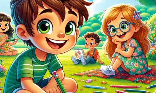 Un niño de 10 años, Lucas, con el cabello castaño desordenado y ojos llenos de curiosidad, está sentado en la hierba verde del parque, sonriendo ampliamente. Sostiene un lápiz en una mano y un cuaderno de dibujo en la otra, listo para crear una obra inspirada en la primavera. A su lado, su mejor amiga Sofía, una niña de 9 años con cabello largo y rubio, lleva un vestido colorido con flores y dibuja un campo de flores con entusiasmo. Más lejos, Pablo, un niño de 10 años con gafas y cabello castaño, observa atentamente su dibujo de un sol radiante, sentado sobre una manta a cuadros. El parque está lleno de flores de colores brillantes, grandes árboles con hojas verdes y un cielo azul claro con nubes blancas. Los niños juegan alrededor, y la atmósfera es alegre y animada. La escena principal muestra a Lucas y sus amigos creando arte, rodeados de la belleza primaveral, mientras participan en un concurso de dibujo.