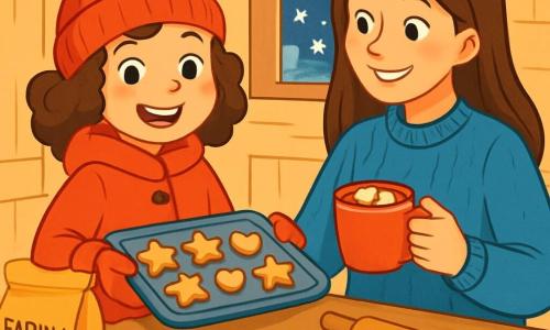 Una ragazza di 8 anni, Sofia, con capelli castani ricci, indossa un bel cappotto rosso vivo e un berretto di lana con un pon-pon. Ha un sorriso radioso e occhi scintillanti di eccitazione, mentre tiene un vassoio di biscotti a forma di stelle e cuori. Accanto a lei, una donna di circa trent'anni, sua madre, con capelli lunghi e lisci, indossa un maglione blu. Sorride calorosamente, guardando Sofia con orgoglio, mentre tiene una tazza di cioccolata calda. La scena si svolge in una cucina accogliente, con pareti in legno chiaro, una grande finestra che lascia entrare la luce morbida della luna e un forno in ghisa che emana calore. Fiocchi di neve cadono dolcemente all'esterno, creando un paesaggio incantevole. Sofia e sua madre stanno preparando biscotti di Natale, circondate da ingredienti colorati: farina, zucchero e spezie. Sofia, piena di gioia, si prepara a uscire per condividere le sue creazioni con i vicini, mentre la magia del Natale aleggia nell'aria, illuminando i loro volti.