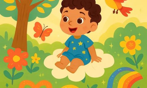 A 2-year-old boy named Star is sitting on a flower as soft as a cloud, with bright curious eyes and a wide joyful smile. He has curly hair and wears a small blue tunic with star patterns. Next to him, a majestic tree with golden leaves whispers secrets, while a colorful bird with red and yellow feathers flies around him, singing happily. The setting is a magical garden filled with vibrant flowers, dancing butterflies, and golden light illuminating every corner. Shimmering paths in the shapes of hearts, spirals, and rainbows wind through this enchanting landscape. In this scene, Star gazes in wonder at the three sparkling paths, pondering which one to choose to explore the mysteries of his dreams.