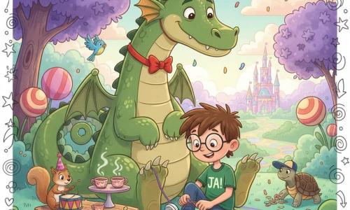 Een grote groene draak met glanzende schubben en zachte ronde ogen zit op zijn opgerolde staart, draagt een klein gouden hoedje en een rood strikje terwijl een jongen van ongeveer 8 jaar, Logica, met stekelig haar en ronde bril in een groen T-shirt 