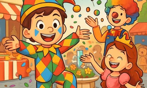 Un niño de 10 años, Lucas, con una gran sonrisa maravillada, lleva un disfraz de arlequín de colores brillantes, con rombos rojos, verdes y amarillos. Sus mejillas están pintadas de azul y sus ojos brillan de emoción mientras baila alegremente en medio de la calle. A su lado, una niña de 9 años, vestida de princesa con un vestido rosa brillante y una corona dorada, ríe lanzando confeti al aire. Tiene el cabello largo y rizado y ojos chispeantes de alegría. Un hombre, probablemente el padre de Lucas, se encuentra al fondo, vestido de payaso, con una nariz roja y una gran peluca colorida, mientras hace malabares con pelotas multicolores. La escena transcurre en una calle animada, bordeada de puestos de comida, donde cuelgan guirnaldas luminosas entre los edificios. Globos flotan sobre la multitud y los niños ríen y bailan alrededor de una gran fuente decorada con flores. Lucas, rodeado de sus amigos, se prepara para participar en un desfile de carnaval, lanzando confeti mientras baila al ritmo de la música.