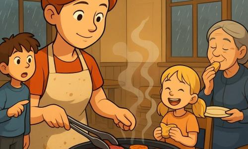 Een vrouwelijke chef van circa 35 jaar, rood opgestoken haar, kalme geconcentreerde blik en zacht glimlachend, draagt een beige schort en houdt een grote metalen tang boven een rokend houtskoolgrill; een jongen van ongeveer 8 jaar met warrig bruin haar wijst nieuwsgierig naar de grill bij een raam; een meisje van circa 6 jaar met blonde staartjes lacht terwijl ze een stukje toast vasthoudt; een bejaarde vrouw van ongeveer 70 jaar met grijs haar in een knot proeft een boterham, zittend aan een houten tafel; in de grote gemeentezaal met glanzende houten vloer, beslagen ramen met regen buiten en warme brasselampen hangen rijen bankjes en crème muren; de grill in het midden heeft gloeiende kolen, oranje vlammen, gegrilde aubergine, rode en gele paprika, gekaramelliseerde sinaasappelringen en geurige rook; scène van samenzijn onder de regen, warme lichtinval tegen damp en regendruppels, mensen luisteren naar het geknisper van de grill en delen geruststellende glimlachen.
