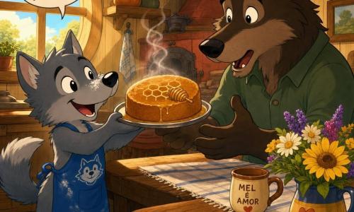 Lupinho, um pequeno lobo antropomórfico de pelo cinza e olhos brilhantes, sorri entusiasmado, veste um avental azul com um desenho de lobo, segura um bolo de mel dourado num tabuleiro e tem farinha no focinho; o pai lobo, grande e caloroso de pelagem castanha escura, sentado à mesa de madeira, mostra-se surpreso e emocionado estendendo as mãos para o tabuleiro; a mãe não aparece, mas ao fundo há um buquê de flores coloridas na mesa (pétalas amarelas, brancas e roxas); a cozinha é acolhedora e rústica — paredes de madeira clara, grande janela redonda com raio de sol quente, prateleiras com potes de barro, forno antigo vermelho e relógio de parede redondo; cena do Dia dos Pais: Lupinho chega orgulhoso com o bolo, sai uma leve fumaça, decoração simples de mel, atmosfera luminosa, cores quentes e contornos suaves.