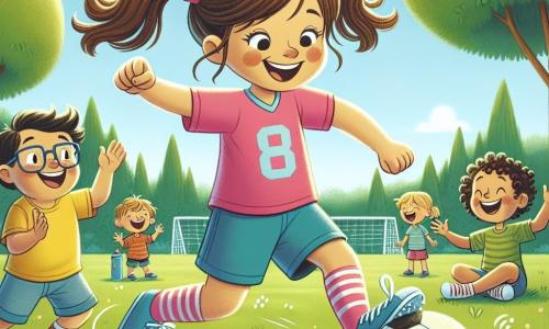 Bia, uma menina sorridente de cerca de 8 anos, veste uma camisa de futebol rosa e um short azul. Seus cabelos castanhos estão presos em duas tranças, e ela dribla alegremente com sua bola de futebol na grama verde do parque. Ao lado dela, um menino de 7 anos, com óculos e uma camiseta amarela, aplaude sorrindo, incentivando Bia a marcar um gol. Outra criança, uma menina de 6 anos com cabelos cacheados, está sentada na grama, segurando uma garrafa de água e rindo com entusiasmo. O parque é cheio de grandes árvores com folhas verdes, e um céu azul claro se estende acima deles, com algumas nuvens brancas. Ao fundo, um pequeno grupo de crianças brinca no balanço. A cena principal mostra Bia se preparando para chutar ao gol, com uma expressão de determinação e alegria no rosto, pronta para marcar um lindo gol.