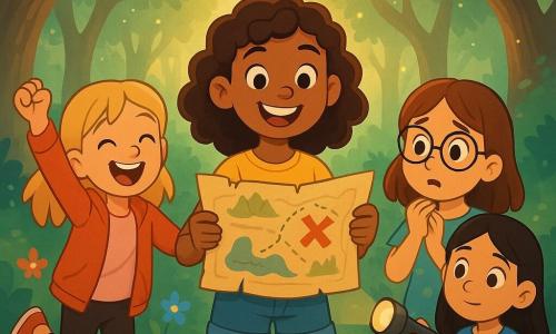 There are 4 children: - **Mia**: a 12-year-old girl with curly brown hair, wearing a yellow t-shirt and denim shorts. She stands in the center, holding a treasure map with a big smile on her face. - **Zoe**: a 12-year-old girl with straight blonde hair, dressed in a red jacket and black leggings. She is to the left of Mia, jumping with excitement, arms raised in the air. - **Lila**: a 12-year-old girl with brown hair and glasses, wearing a floral dress. She is to the right of Mia, looking at the map with a curious and slightly worried expression. - **Ava**: a 12-year-old girl with straight black hair, dressed in a blue t-shirt and cargo pants. She is slightly behind, holding a flashlight, ready to light their way. The setting takes place in an enchanted forest, where tall trees with gnarled trunks rise towards the sky, their shiny leaves filtering sunlight into golden rays. Colorful flowers dot the ground, and a light mist floats around them, adding a touch of mystery to the atmosphere. The main situation shows the four friends discovering a treasure map in Mia's attic, with expressions of excitement and adventure on their faces, ready to embark on a quest to find the treasure hidden in the forest.