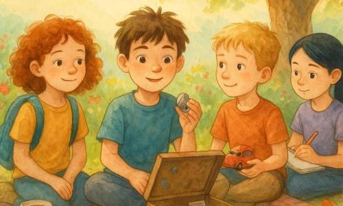 There are four children: A 10-year-old boy, Ben, with messy brown hair and curious eyes, holds a small gray pebble with a white stripe in his right hand, standing in the center of the image. A 10-year-old girl, Maya, with curly red hair, carries a backpack with a dangling bell, standing to Ben's left with a gentle smile. A 10-year-old boy, Sam, with short blond hair and freckles, holds a small red toy car, standing to Ben's right, looking towards him. A 10-year-old girl, Lina, with straight black hair in a ponytail, holds a sketchbook under her arm, slightly in the background, drawing in her sketchbook. The setting is a sunny garden with colorful flowers and a large majestic oak tree in the background. Sunlight filters through the branches, creating bright patterns on the ground. The main scene shows the children gathered around an open memory box decorated with drawings and stickers. They sit on a picnic blanket, surrounded by cookies and paper cups of tea. The atmosphere is warm and friendly, with a sense of sharing and happy memories.