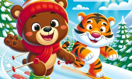 A cheerful and enthusiastic little brown bear wearing bright red skis glides down a snowy slope with a big smile. His eyes sparkle with happiness as he takes off into the snow. Next to him, a friendly and smiling orange-striped tiger skis effortlessly, its powerful paws sinking slightly into the snow. They are surrounded by a beautiful winter landscape with green fir trees covered in sparkling snow and a clear blue sky dotted with fluffy white clouds. The main scene shows the two friends skiing together, laughing and having fun, leaving tracks in the fresh snow under the radiant sun.
