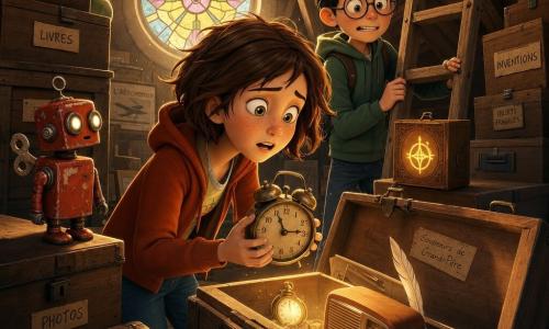 A 12-year-old girl, Mina, with a round freckled face and short tousled chestnut hair, looks amazed and slightly worried as she holds an old mechanical alarm clock, leaning forward as if just pulling it from a trunk; behind her stands Leo, about 12, crew-cut black hair, round glasses and a nervous smile, one hand on the attic ladder, both staring at a small glowing wooden box beside them; a 25–30 cm red, chipped tin robot with painted blinking white eyes and a winding key sits on a table to the left, turning its head to watch; the scene is a warm wooden attic with exposed beams and a round stained-glass window casting dusty golden light, labeled trunks and boxes, one large trunk ajar emitting a soft glow and old objects; the moment is a suspended discovery—Mina has just placed the clock on the trunk’s edge, faces lit by the glow, the robot silently warning, evoking cozy mystery and childlike curiosity.