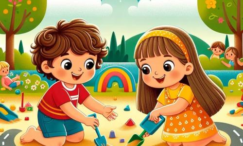 A 4-year-old boy named Elliot, with curly brown hair and big curious eyes, joyfully smiles while playing in the sand. He wears a red t-shirt and blue shorts, building a road with toys. Next to him, a 4-year-old girl named Lily, in a bright yellow dress with long smooth hair, uses a shovel to shape the sand. She smiles and looks at Elliot with enthusiasm. The scene takes place in a sunny park filled with green trees, colorful flowers, and other children playing around them. The main focus shows Elliot and Lily, united by their creativity, building a large sand road together, symbolizing friendship and gender equality.