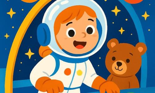 Młoda astronautka Zosia z szerokim uśmiechem i błyszczącymi oczami nosi lśniący skafander i przezroczysty hełm. Stoi wewnątrz swojego statku kosmicznego, otoczona kolorowymi przyciskami i migającymi światłami. Obok niej siedzi mały pluszowy miś o brązowym futerku i okrągłych oczach, który radośnie patrzy na Zosię. Statek przelatuje przez gwiaździste niebo, pełne jaskrawych i błyszczących planet. Jasne gwiazdy oświetlają przestrzeń, tworząc magiczną atmosferę. Zosia jest gotowa do nowej przygody, trzymając ręce na sterach, niecierpliwie czekając na odkrywanie nowych światów.