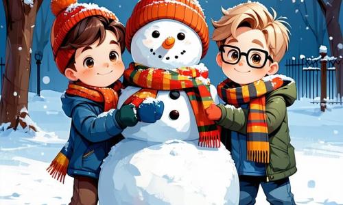 Four joyful six-year-old boys stand in the center of a snowy park. Max, with brown hair and sparkling eyes, wears a blue jacket and a red hat, smiling as he holds a large snowman. Leo, with blond hair and glasses, is dressed in a green jacket and a striped scarf, preparing to throw a snowball. Sam, with brown hair and rosy cheeks from the cold, wears a bright yellow coat and is gathering snow to make a snowball. Finally, Finn, a little boy with black hair and curious eyes, is in an orange ski suit, watching in wonder as snowflakes fall around them. The park is a winter wonderland, with majestic snow-covered trees, white hills inviting to slide, and a bright blue sky dotted with clouds. Snowflakes sparkle in the air, creating a magical and joyful atmosphere. The four friends are playing together, building a snowman, laughing, and throwing snowballs, capturing the spirit of a joyful winter day filled with friendship.