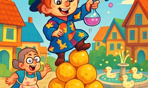 A wizard named Wobblepot McFizz, a boy with messy hair and a colorful robe adorned with rubber chickens, stands atop a pyramid of wobbly cheese balls, wearing a mischievous smile and sparkling eyes full of excitement. Beside him, Sir Hops-a-Lot, a green frog with round, shiny eyes, curiously perches on the brim of his hat. Below, the villager Mrs. Blunderbuss, a woman in her fifties with round glasses and a floral apron, chases after a loaf of bread trying to escape, laughing at the situation. The setting is a bustling square in Muddlewick, filled with colorful houses with sloping roofs, where whipped cream ducks swim in a sparkling lemonade fountain. The scene depicts Wobblepot pouring a fizzy potion over the crowned cheese ball, while colorful bubbles float around, creating a joyful and magical atmosphere.