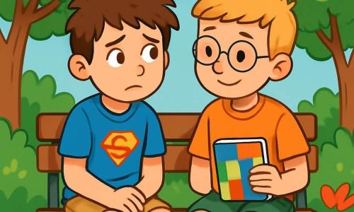 Ein 12-jähriger Junge, Jonas, mit zerzausten braunen Haaren und neugierigen Augen, sitzt nachdenklich und etwas besorgt auf einer Parkbank. Er trägt ein blaues T-Shirt mit einem Superhelden-Motiv und eine beige Shorts. Neben ihm sitzt sein Freund Leo, ebenfalls 12, mit blonden Haaren und runden Brillen, der schüchtern lächelt und ein buntes Notizbuch hält. Sie sind von Grün umgeben, mit blühenden Bäumen und bunten Blumen, die der Szene Leben verleihen. Im Hintergrund sorgt ein hellblauer Himmel mit einigen weißen Wolken für eine friedliche Atmosphäre. Die Hauptsituation zeigt Jonas und Leo, die ernsthaft diskutieren und ihre Gedanken über ihre Familien austauschen, mit verständnisvollen und unterstützenden Ausdrücken auf ihren Gesichtern.