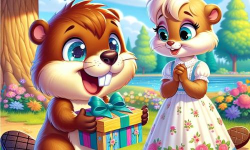 Benny the beaver, a cheerful little character with shiny front teeth and soft brown fur, stands under a large oak tree, his eyes sparkling with excitement. He holds a colorful wooden box, painted blue and yellow, with a big smile on his face. Next to him, his mom, Betty the weasel, is a beautiful creature with cream fur and gentle eyes, looking at the box with wonder and tears of joy in her eyes. She wears a pretty floral dress and leans slightly forward, ready to discover the gift. The setting is a sunny park filled with colorful flowers and children's laughter, with majestic trees and strings of twinkling lights hanging in the air. The main scene shows Benny proudly presenting his gift to his mom, a tender and moving moment for Mother's Day, where love and joy blend under the blue sky.