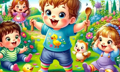 A 2-year-old boy named Bobby, with chubby cheeks and sparkling eyes, stands in the center of his garden, laughing heartily with a wooden spoon in his hands. To his right, Mia, a 3-year-old girl, wears colorful socks on her hands and makes funny gestures while smiling with her gap-toothed grin. On the left, Timmy, a 4-year-old boy with messy hair, mimics a duck making silly noises, arms spread out as if to fly. Lila, a 3-year-old girl with curly hair, rubs her eyes like a cat while sitting on the grass, surrounded by colorful flowers. The garden is filled with vibrant flowers, lush trees, and a clear blue sky, creating a joyful and playful atmosphere. In the midst of this scene, the friends discover a mysterious wobbling box, sparking their curiosity and excitement.