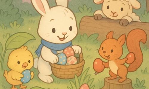 Anthropomorphic white rabbit (main character) with a joyful, kindly expression, rosy cheeks and a blue scarf holds a small wicker basket of painted eggs and hides a pink egg behind a tuft of grass; fluffy yellow chick (secondary) looks curious and happy, scratches under a nearby leaf and holds a blue egg between its wings; woolly lamb (secondary) is gentle and smiling with rounded legs, peeking behind a large log to find a yellow egg; russet squirrel (secondary) is lively and mischievous with a bushy tail, lifting a leaf and brandishing a red egg atop a small stump to the right; small green frog (secondary) is surprised and joyful, croaking on a flat stone near a sparkling stream; spring garden setting with soft green grass, pastel pea-flowers and small bushes, smooth stones in the stream, a large log, pastel paper lanterns hanging from branches and a soft twilight sky; main scene: a joyful, colorful Easter egg hunt with simply patterned painted eggs (dots, stripes, flowers), friends laughing and sharing, centered composition on the rabbit hiding the egg, warm tender lighting, pastel palette, rounded contours and soft paper texture.