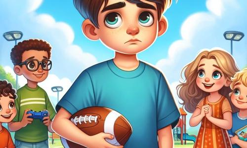 Un niño de 10 años, Diego, con cabello castaño desordenado y ojos expresivos, se encuentra en el centro de la imagen. Lleva una camiseta azul y un short beige, su rostro muestra una ligera tristeza mezclada con esperanza. Sostiene un balón de fútbol bajo su brazo, mirando hacia sus amigos. A su derecha, Lucas, un niño de 10 años con cabello rubio y gafas, sonríe sosteniendo un videojuego. A su izquierda, Sara, una niña de 10 años con cabello largo y rizado, lleva un vestido colorido y mira a Diego con benevolencia, lista para animarlo. El fondo es un parque soleado, con árboles verdes, un área de juegos y un cielo azul con nubes blancas. La situación principal muestra a Diego rodeado de sus amigos, compartiendo un momento de apoyo y camaradería mientras se preparan para jugar al fútbol juntos, simbolizando la amistad y la esperanza ante los desafíos de la vida.