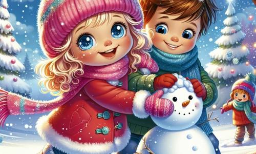 Ein 5-jähriges Mädchen namens Leni mit großen, strahlenden Augen und lockigem blonden Haar lächelt erstaunt, während sie im Schnee tanzt. Sie trägt einen leuchtend roten Mantel, eine rosa Wollmütze und bunte Handschuhe, ihre Wangen sind durch die Kälte gerötet. Neben ihr ist ein 6-jähriger Junge, ihr Freund Max, mit zerzausten braunen Haaren und einem strahlenden Lächeln, der einen großen Schneemann rollt. Er trägt einen blauen Schal und einen grünen Mantel, seine Hände sind voller Schnee. Im Hintergrund ist die winterliche Landschaft bezaubernd: majestätische Bäume, die mit glitzerndem Schnee bedeckt sind, ein hellblauer Himmel mit flauschigen weißen Wolken und sanft fallenden Schneeflocken. Die Szene zeigt Leni und Max beim Bau eines Schneemanns, umgeben von Lachen und Freude, während Schneeflocken um sie tanzen und eine magische, festliche Atmosphäre eines Wintertages schaffen.