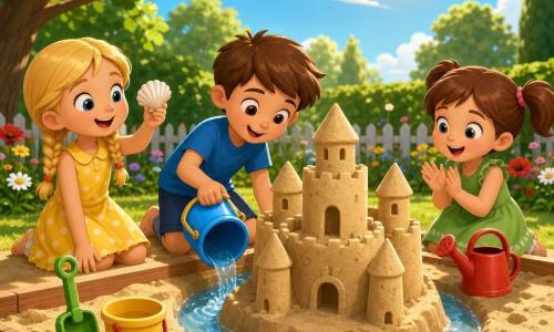 Drei Kinder im sonnigen Sommergarten vor einem großen Sandkasten: Lina, ca. 6, blonde Zöpfe, gelbes gepunktetes Kleid, hält eine schimmernde Muschel in der rechten Hand und steht links vom hellbeigen Sandburg lächelnd; Max, ca. 7, kurze braune Haare, blaues T‑Shirt, kniet in der Mitte und gießt mit einem kleinen Eimer Wasser an den Fuß der Burg; Emma, ca. 5, kastanienbraune Pferdeschwänze, grünes Kleid, klatscht fröhlich und steht rechts neben der Burg neben einer roten Gießkanne. Die Sandburg hat runde Mauern, konische Türme und einen kleinen mit Wasser gefüllten Graben, drumherum Spielzeug (Eimer, Schaufel, Gießkanne), grüner Rasen, laubige Bäume mit weichen Schatten, bunte Blumen und ein hellblauer Himmel mit tiefstehender goldener Sonne, fröhliche, einfache, glatte und gesättigte Farbgebung.