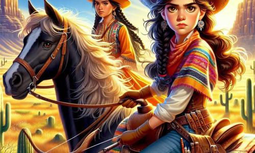 Lucía, una joven vaquera de 12 años, con cabello castaño ondulado y ojos llenos de determinación, está orgullosamente sobre su caballo negro, lista para defender el gran premio. Su rostro refleja coraje y concentración, mientras lleva un sombrero de vaquero adornado con una pluma colorida y un chaleco de cuero. A su lado, Aiyana, una niña de 11 años con largos cabellos negros trenzados y ojos brillantes de sabiduría, observa atentamente los alrededores. Viste un vestido tradicional de colores vibrantes y sostiene un arco de madera, lista para actuar si es necesario. El escenario es una vasta pradera dorada, salpicada de cactus y rocas, con majestuosas montañas al fondo bajo un cielo azul brillante. El sol brilla intensamente, proyectando largas y dramáticas sombras en el suelo. La situación principal muestra a Lucía y Aiyana, alertas y decididas, mientras escuchan discretamente a los forajidos conspirando en el granero. La atmósfera es tensa y llena de suspenso, mientras se preparan para proteger el valioso medallón de plata.