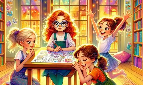 In een heldere bibliotheek staan vier meisjes samen, omringd door kleurrijke boeken. Emma, een 10-jarig meisje met krullend bruin haar en een bril, zit aan een tafel, geconcentreerd op haar tekening. Naast haar kijkt Noor, een 10-jarig meisje met steil blond haar, enthousiast naar Emma's werk. Lotte, een 10-jarig meisje met rood haar en sproeten, leunt naar voren, vol bewondering. Ten slotte steekt Sanne, een 10-jarig meisje met kastanjebruin haar en een paardenstaart, haar armen op in aanmoediging, straalt van blijdschap. De bibliotheek is ruim en warm, met grote ramen die zonlicht binnenlaten, boekenplanken vol kleurrijke boeken en zachte kussens op de vloer. Kunst- en creativiteitsaffiches versieren de muren, wat een magische sfeer toevoegt. Emma, een beetje nerveus maar vastberaden, presenteert trots haar tekening aan haar vriendinnen, die haar aanmoedigen met glimlachen en goedkeurend gebaren. De sfeer is gevuld met steun en vriendschap, wat het thema van zelfvertrouwen illustreert.