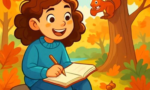 Een 12-jarig meisje, Emma, met krullend kastanjebruin haar en nieuwsgierige ogen, zit op een grote platte steen in een zonnige open plek, omringd door herfstbladeren in rood, oranje en goud. Ze draagt een blauwe wollen trui en een spijkerbroek, en haar gezicht straalt vreugde en verwondering uit terwijl ze in haar notitieboekje tekent met een gekleurde potlood. Dichtbij is een jonge eekhoorn met heldere ogen en een pluizige staart druk bezig met het verzamelen van eikels, springend van tak naar tak op een majestueuze eik achter Emma. De zon filtert door de bladeren en creëert lichte patronen op de grond van de open plek. De plek is een levendige herfstbos, met stevige boomstammen en groene varens, terwijl het zachte geluid van een beekje in de verte te horen is. De scène straalt een vredige en magische sfeer uit, waar de natuur zijn schitterende kleuren en charme onthult. Emma, verdiept in haar tekening, legt de schoonheid van dit vluchtige moment vast in haar schrift.